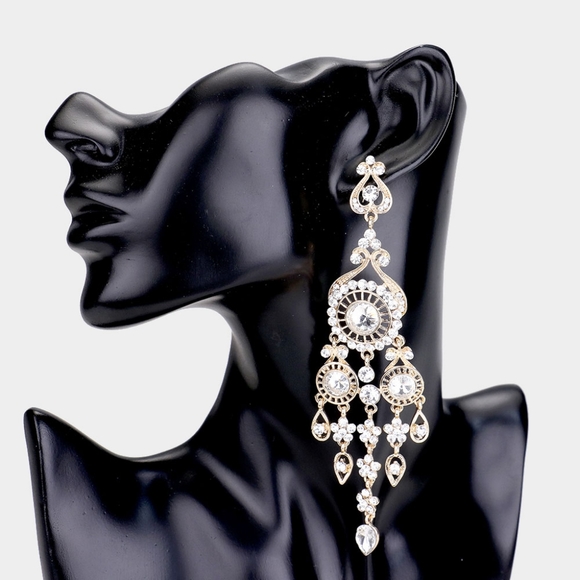 Gold Dangle Earrings Rhinestone Pave Crystal Chandelier Statement Jewelry - Picture 1 of 2